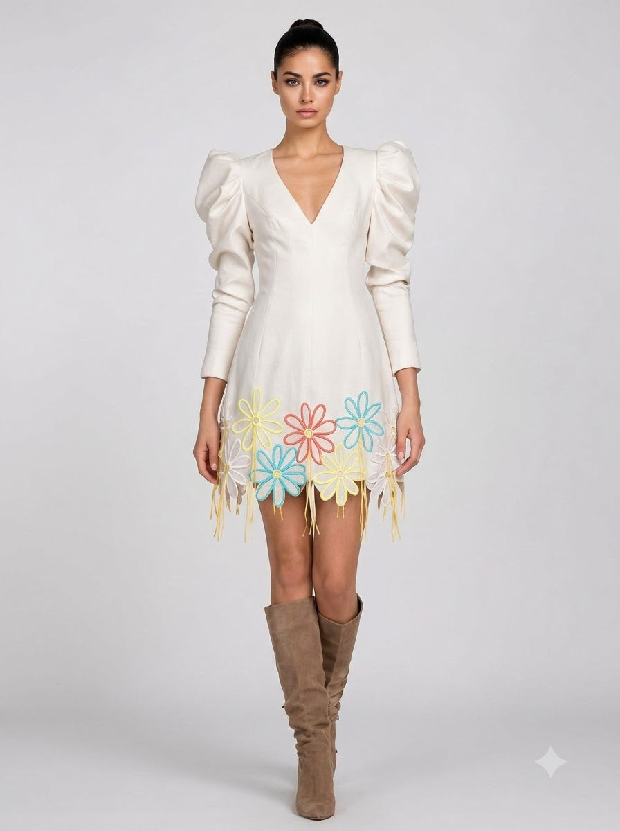 Daisy Dream Puff Sleeve Mini Dress - Ivory Embroidered Floral with Fringe Detail