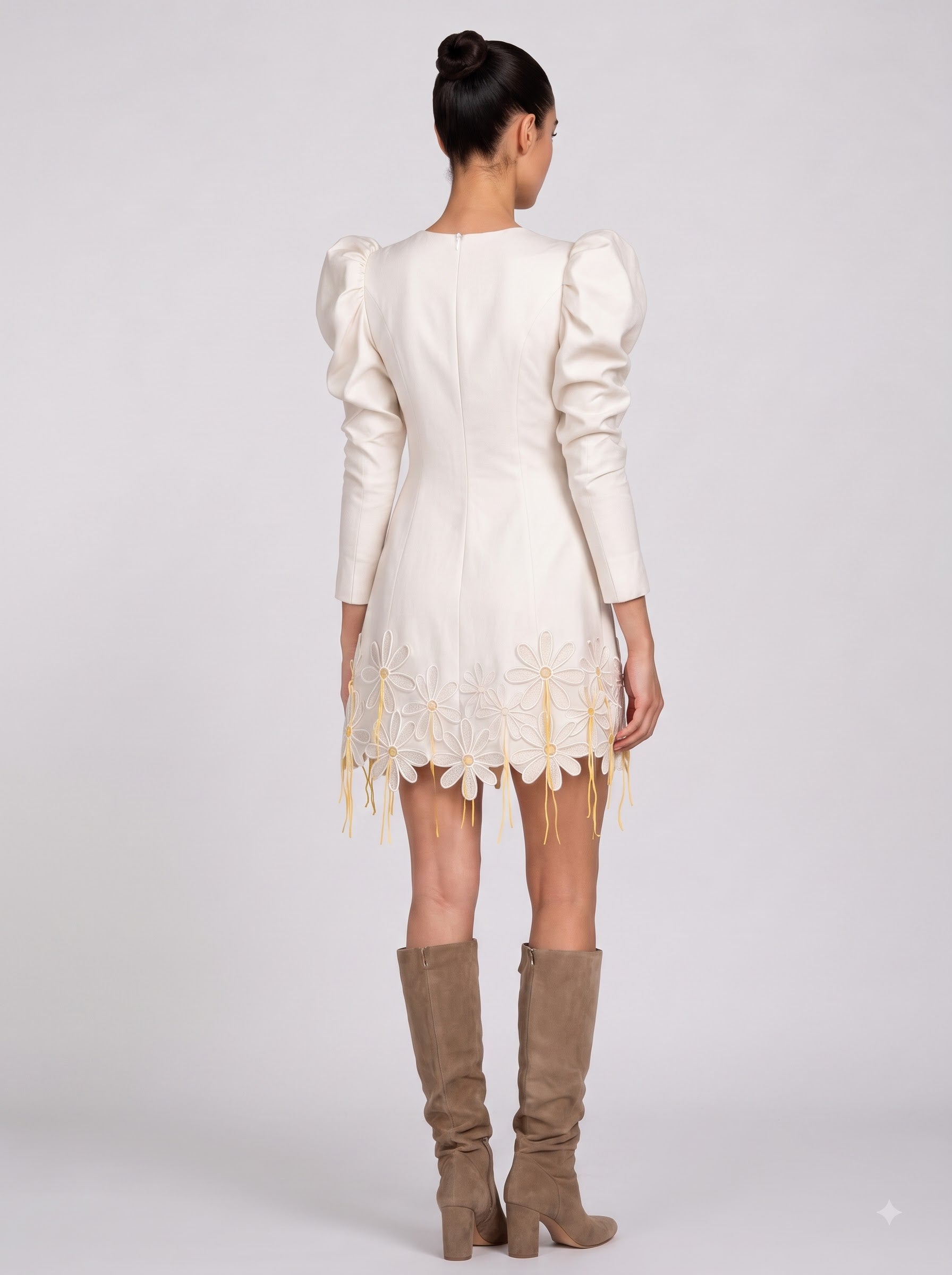 Daisy Dream Puff Sleeve Mini Dress - Ivory Embroidered Floral with Fringe Detail