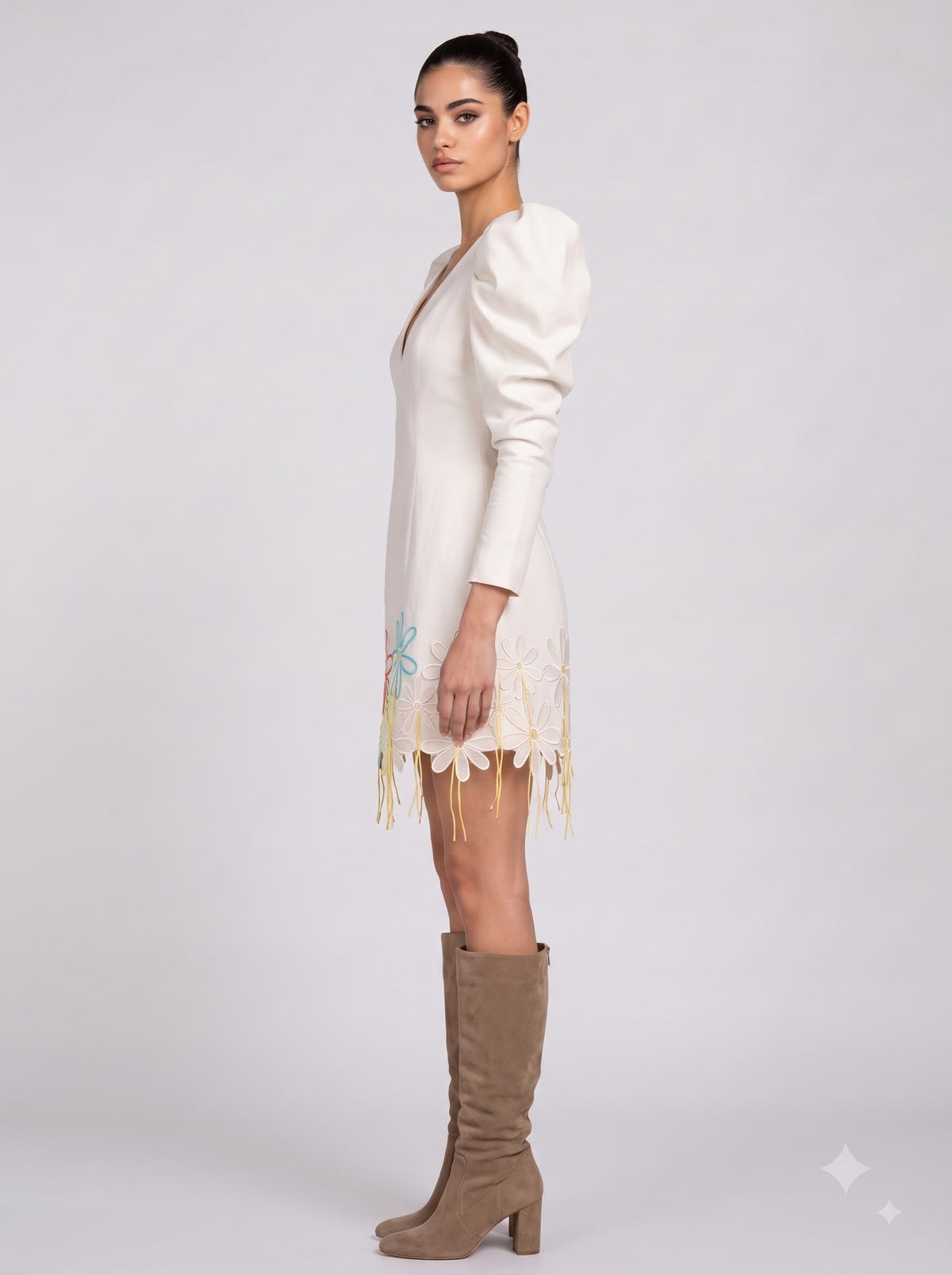 Daisy Dream Puff Sleeve Mini Dress - Ivory Embroidered Floral with Fringe Detail
