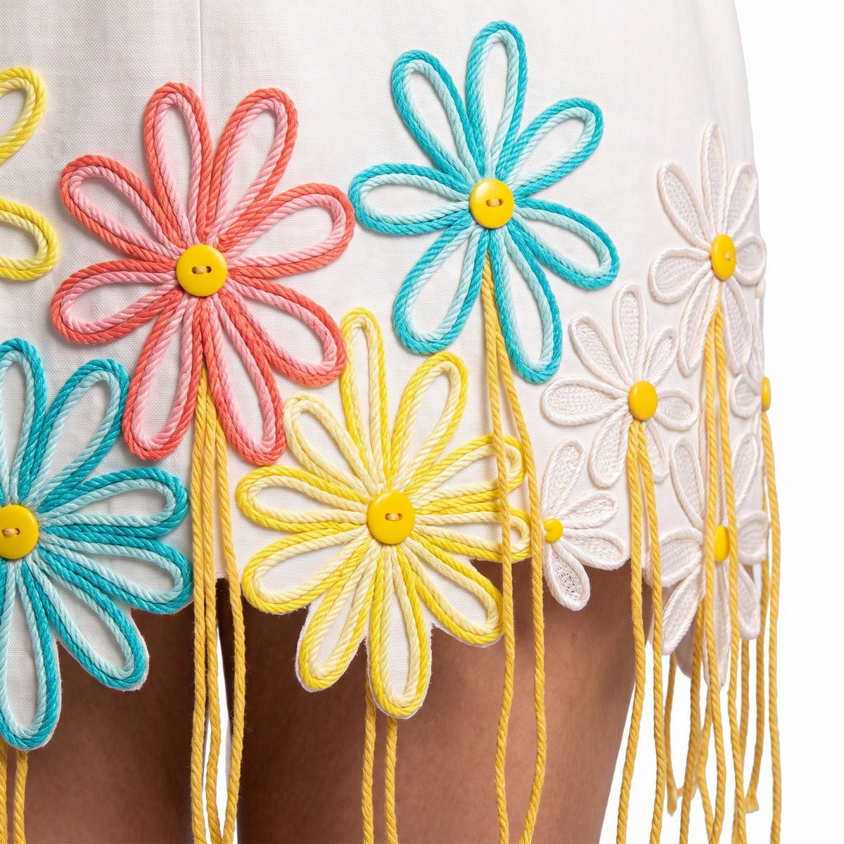 Daisy Dream Puff Sleeve Mini Dress - Ivory Embroidered Floral with Fringe Detail