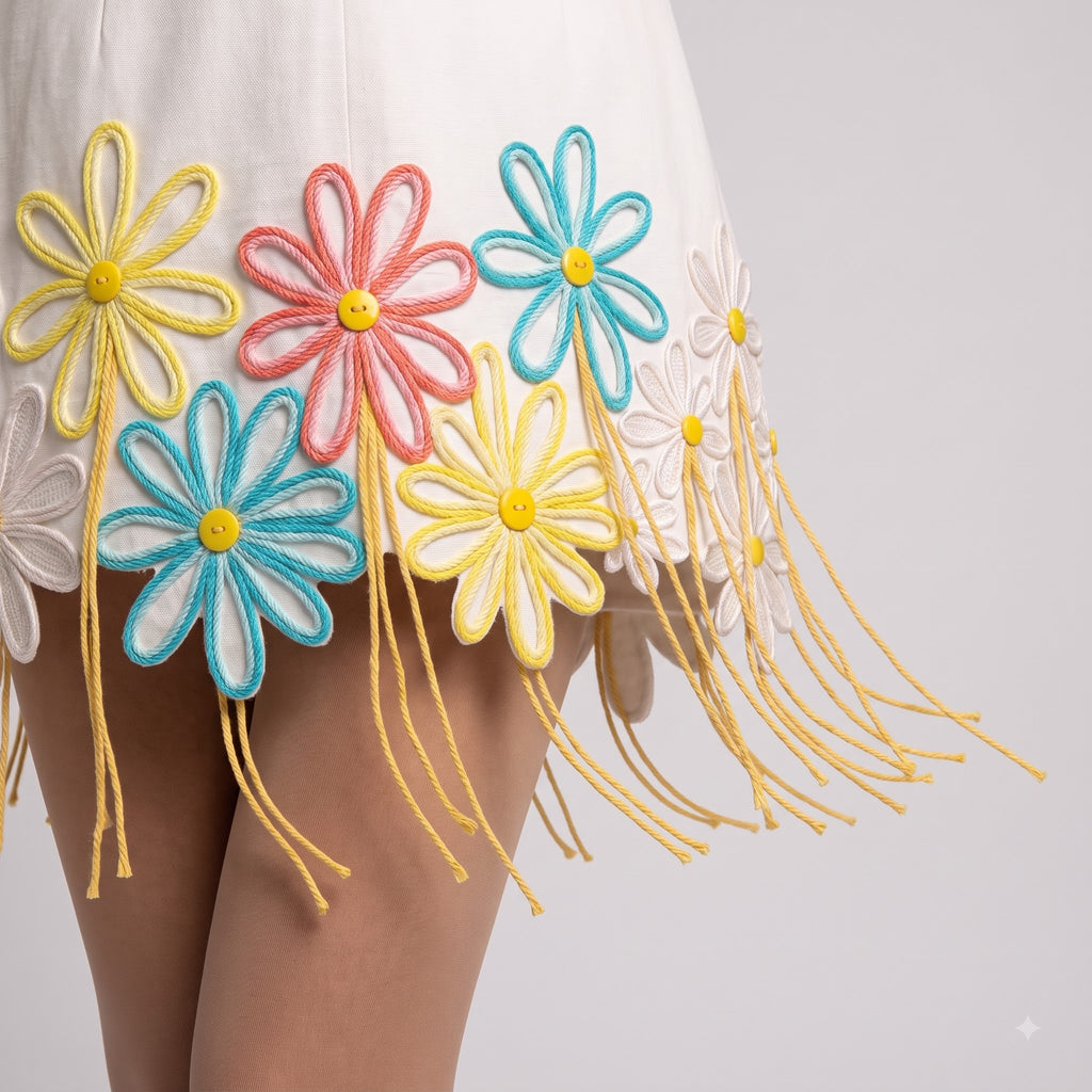Daisy Dream Puff Sleeve Mini Dress - Ivory Embroidered Floral with Fringe Detail