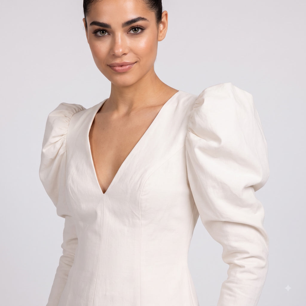 Daisy Dream Puff Sleeve Mini Dress - Ivory Embroidered Floral with Fringe Detail