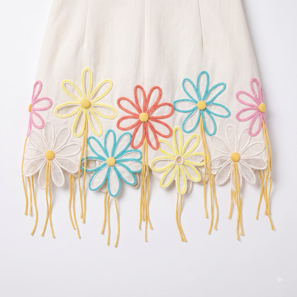Daisy Dream Puff Sleeve Mini Dress - Ivory Embroidered Floral with Fringe Detail