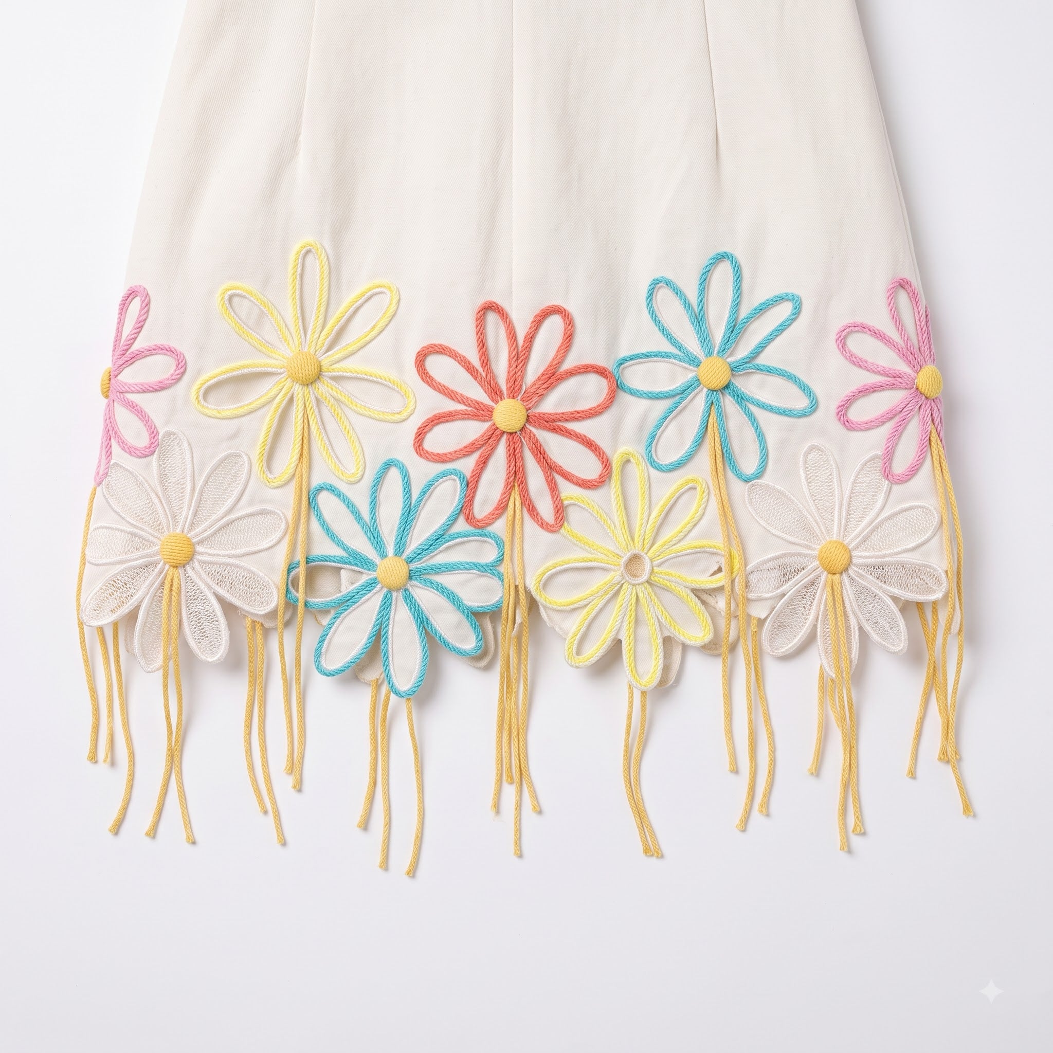 Daisy Dream Puff Sleeve Mini Dress - Ivory Embroidered Floral with Fringe Detail