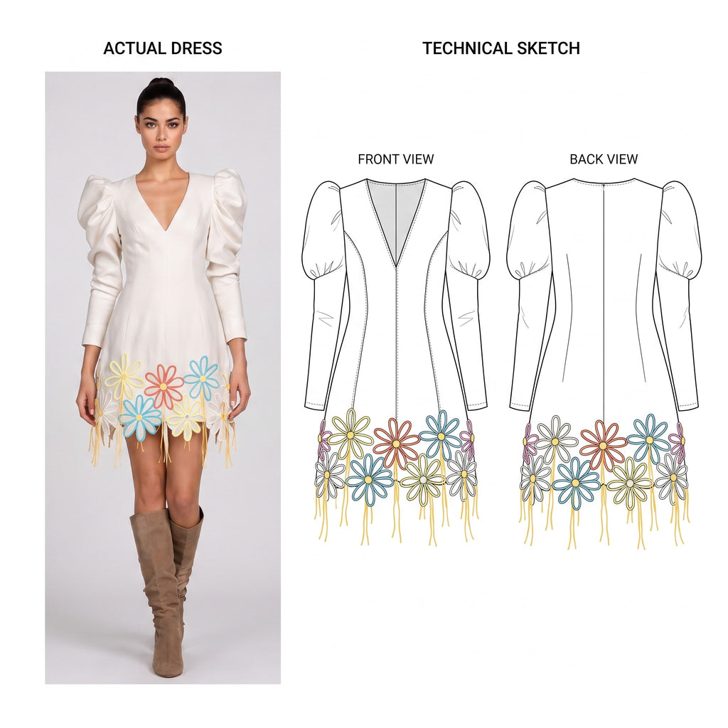 Daisy Dream Puff Sleeve Mini Dress - Ivory Embroidered Floral with Fringe Detail