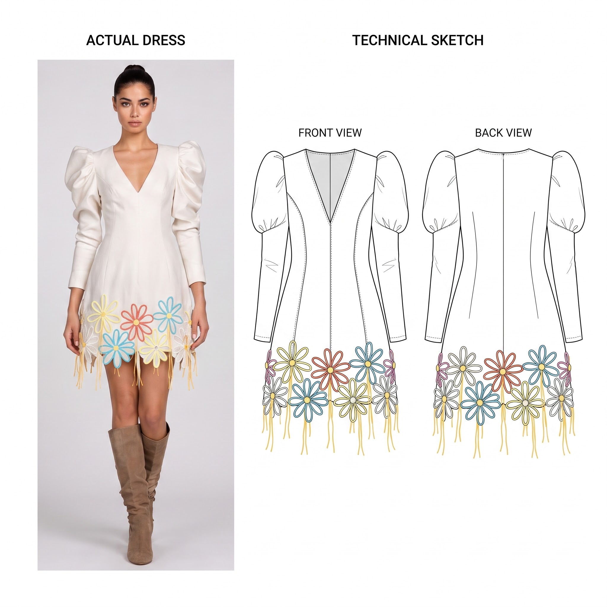 Daisy Dream Puff Sleeve Mini Dress - Ivory Embroidered Floral with Fringe Detail